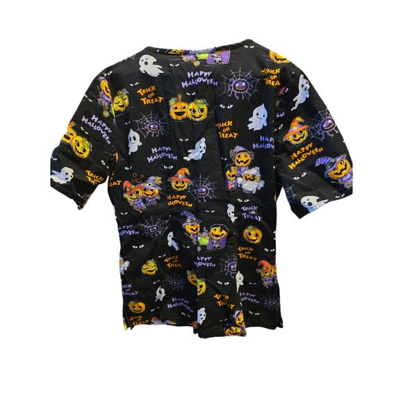 Cherokee Medical Scrub Top XS Womens Black Halloween Pumpkin Print Top - Picture 5 of 5